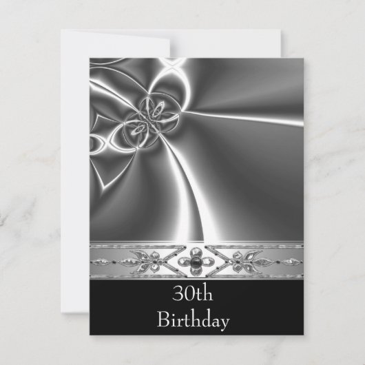 Invitation Metal Chrome Noir Style Blanc Argent 30ème (Devant)