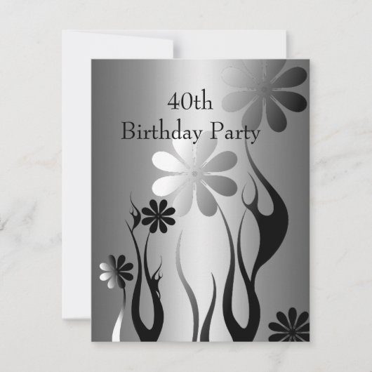 Invitation Métal Chrome noir style blanc Argent 40ème Floral (Devant)