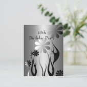 Invitation Métal Chrome noir style blanc Argent 40ème Floral (Debout devant)