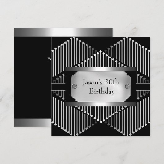 Invitation Métal Chrome noir style blanc argent Mens 30ème (Devant / Derrière)