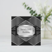 Invitation Métal Chrome noir style blanc argent Mens 30ème (Debout devant)