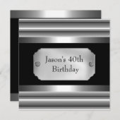 Invitation Métal Chrome noir style blanc argent Mens 40ème (Devant / Derrière)