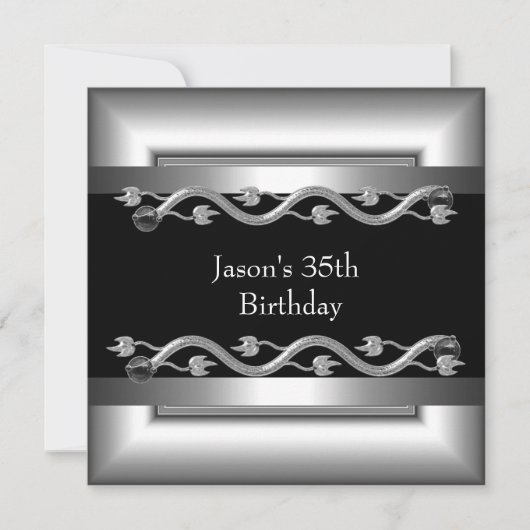 Invitation Métal Chrome Noir Style Blanc Mens Argent 40ème 4 (Devant)