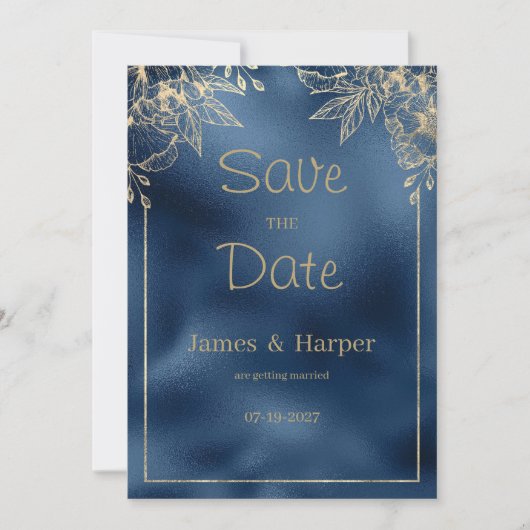 Invitation Métallic bleu dégradé or floral Enregistrer la dat (Devant)