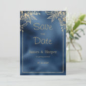 Invitation Métallic bleu dégradé or floral Enregistrer la dat (Debout devant)