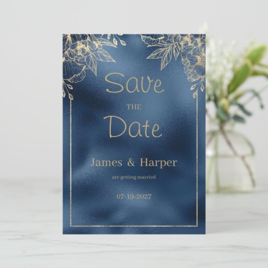 Invitation Métallic bleu dégradé or floral Enregistrer la dat (Debout devant)