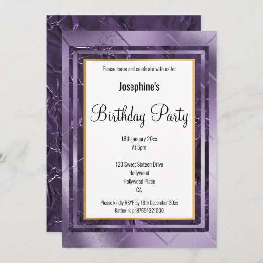 INVITATION METALLIC PURPLE LILAC LAYER FOIL ANNIVERSAIRE (Devant / Derrière)
