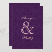 Invitation Métallure de Mariage damassé violet et rose (Devant / Derrière)