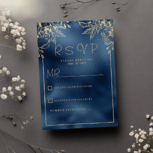 Invitation Métallurgique bleu marine gradient or floral RSVP