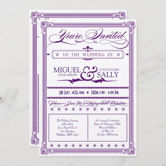Invitation Métallurgique violet et or do-it-yourself Mariage (Devant / Derrière)