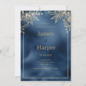 Invitation Métallus bleu marine dégradé or Mariage floral (Devant)