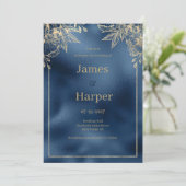 Invitation Métallus bleu marine dégradé or Mariage floral (Debout devant)