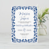 Invitation Mexicain bleu Floral classique esthétique Boda Mar (Debout devant)