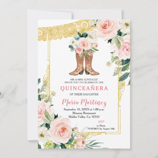 Invitation Mexicain Charro Boots rose et or Quinceañera (Devant)