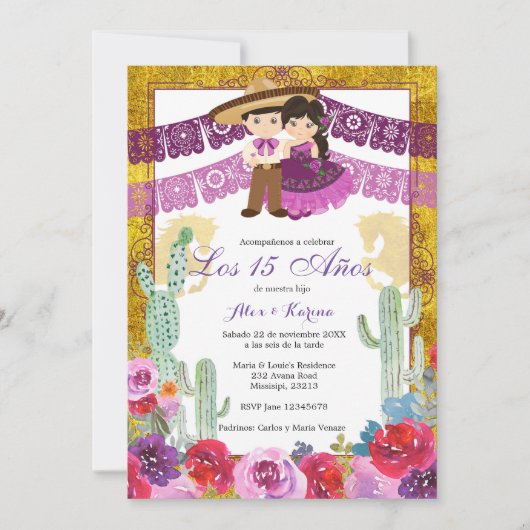 Invitation Mexicain Twin Anniversaire Cactus violet Floral (Devant)