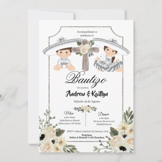 Invitation Mexicaine Blanc Argent Charro Garçon fille Twin Ba (Devant)
