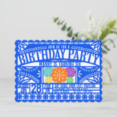 Invitation Mexicaine Fiesta Papel Picado Drapeau BLEU Anniver (Debout devant)