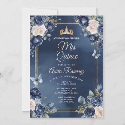 Invitation Mexicaine Marine Bleue & Roses Blanches fille Quin (Devant)