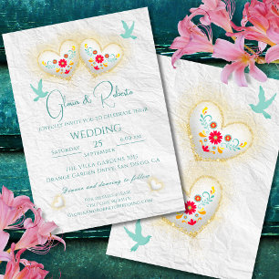 Invitation Mexicaine Pastel Hearts Fleurs Doves