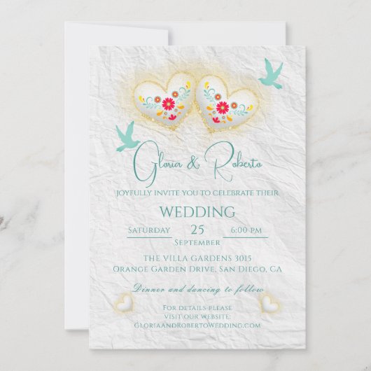 Invitation Mexicaine Pastel Hearts Fleurs Doves (Devant)