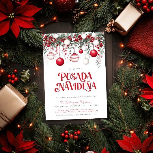 Invitation Mexicaine Posada Navideña Festive Rouge Ornements