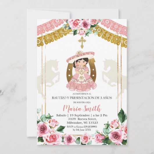 Invitation Mexicaine Rose Charra Baptême et troisième anniver (Devant)