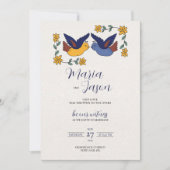 Invitation Mexican Birds Floral Blue Yellow Charming Wedding (Devant)