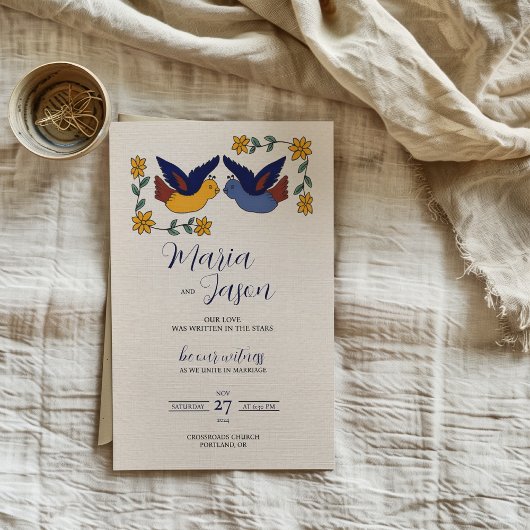Invitation Mexican Birds Floral Blue Yellow Charming Wedding