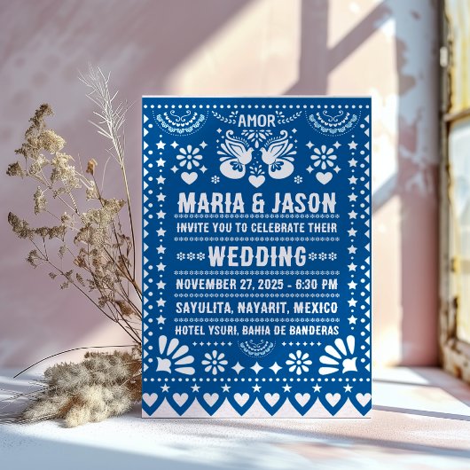Invitation Mexican Blue Papel Picado Fiesta Folk Art Wedding