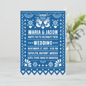 Invitation Mexican Blue Papel Picado Fiesta Folk Art Wedding (Debout devant)