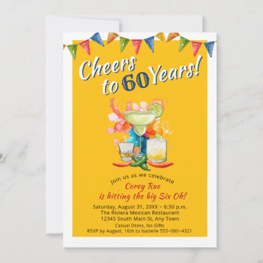 Invitation Mexican Fiesta 60e Anniversaire À 60 Ans de Joie (Devant)