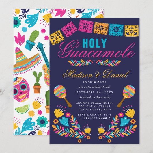 Invitation Mexican Fiesta Floral Holy Guacamole Baby Shower (Devant / Derrière)