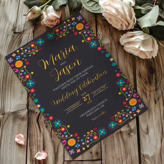 Invitation Mexican Navy Floral Aesthetic Folk Art Wedding