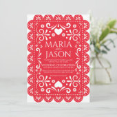 Invitation Mexican Papel Picado Red White Folk Art Wedding (Debout devant)