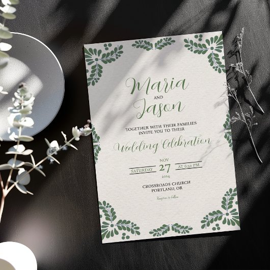Invitation Mexican Talavera Green Floral Minimalist Wedding