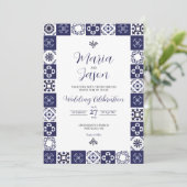 Invitation Mexican Talavera Majolica Navy Blue White Wedding (Debout devant)