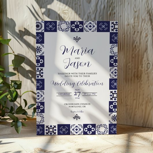 Invitation Mexican Talavera Majolica Navy Blue White Wedding