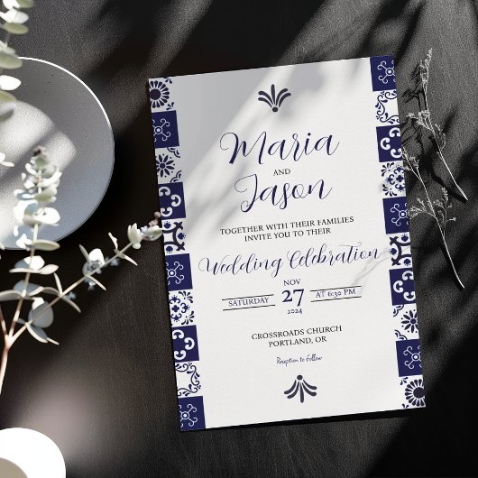 Invitation Mexican Talavera Majolica Navy Blue White Wedding