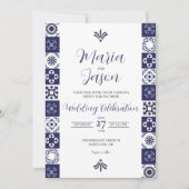 Invitation Mexican Talavera Majolica Navy Blue White Wedding (Devant)