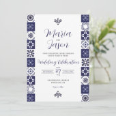 Invitation Mexican Talavera Majolica Navy Blue White Wedding (Debout devant)