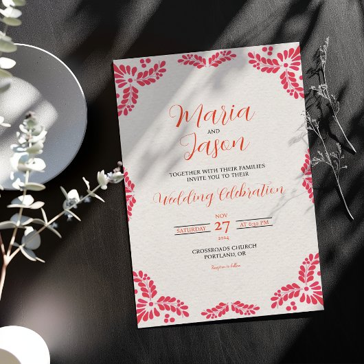 Invitation Mexican Talavera Orange Floral Minimalist Wedding