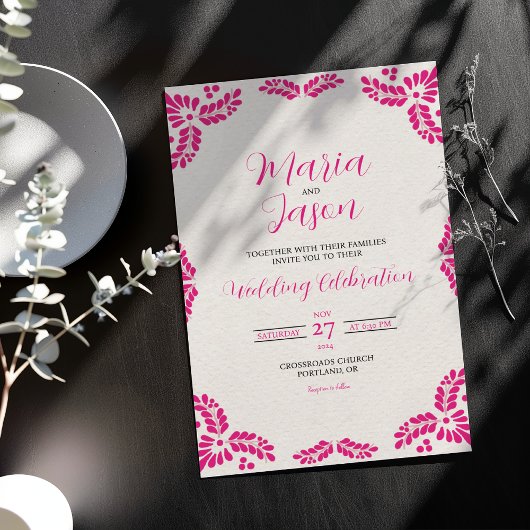 Invitation Mexican Talavera Pink Floral Minimalist Wedding