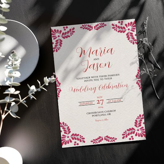Invitation Mexican Talavera Red Floral Minimalist Wedding