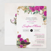 Invitation Mexicana Mariachi Charra Magenta Roses Quinceanera (Devant / Derrière)