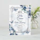 Invitation Mexique Argent Couronne & Marine Bleu Roses MIS QU (Debout devant)