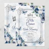 Invitation Mexique Argent Couronne & Marine Bleu Roses MIS QU (Devant / Derrière)