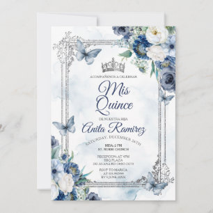 Invitation Mexique Argent Couronne & Marine Bleu Roses MIS QU