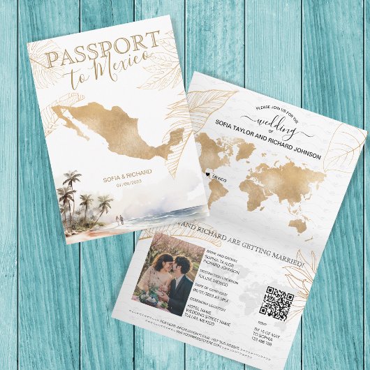 Invitation Mexique Beach Destination Mariage Passeport QR cod