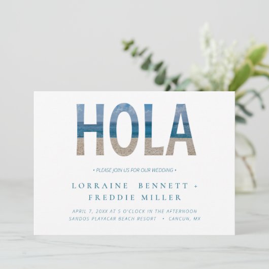 Invitation Mexique Beach Hola Typographie Destination Mariage (Debout devant)