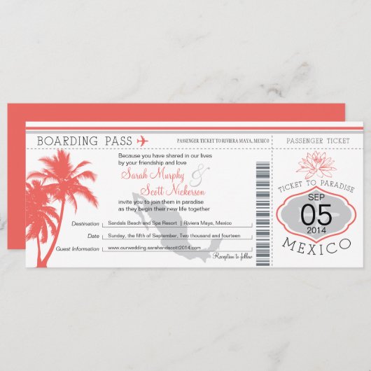 Invitation Mexique Boarding Pass Destination Wedding (Devant / Derrière)